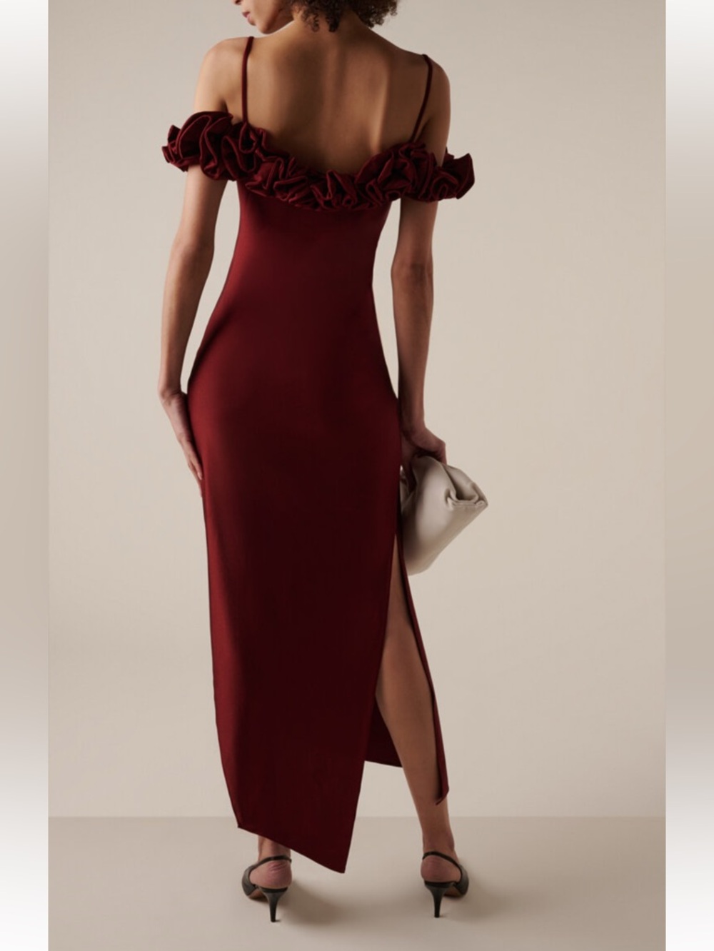 Coperni Rosette Detailed Off The Shoulder Satin Wine Red Maxi Dress - Picture 4 of 8